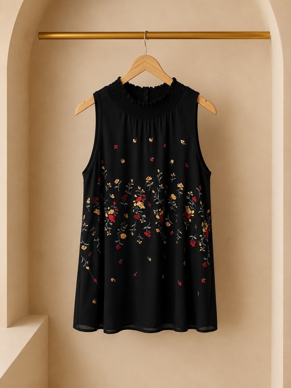 Smocked Neck Sleeveless Black Floral Top